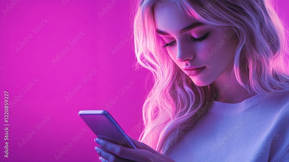 A young woman with long blonde hair is looking at her phone. A young woman with long blonde hair is looking at her phone.