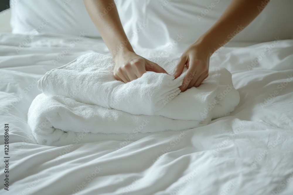 An individual is carefully rolling up a towel on a bed inside a hotel room An individual is carefully rolling up a towel on a bed inside a hotel room