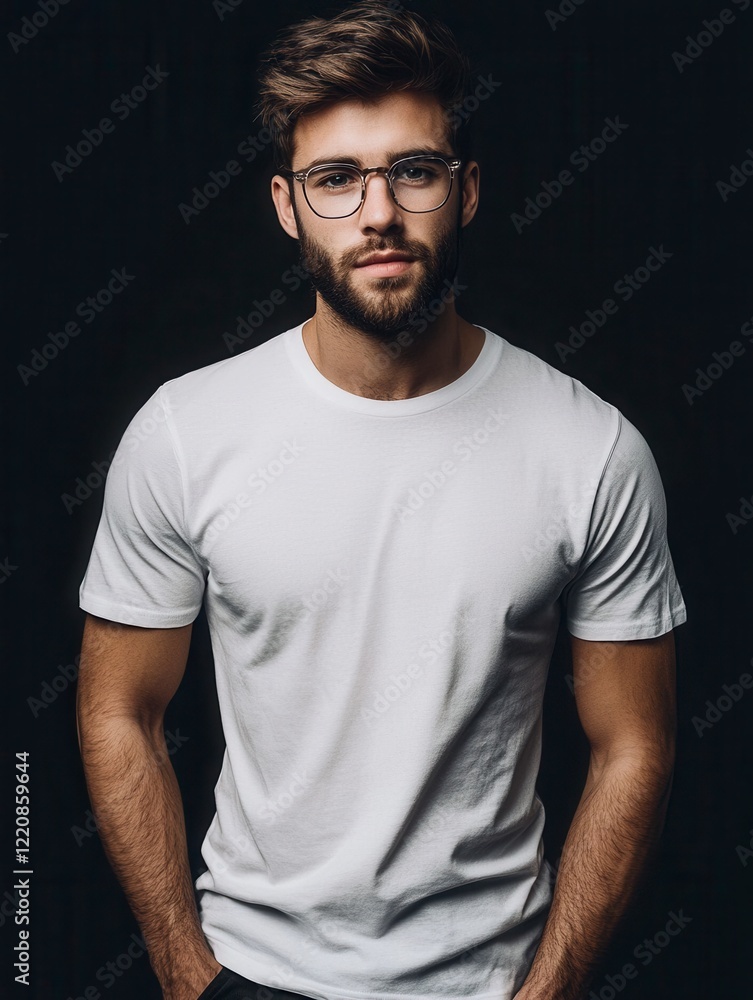 A stylish man with a beard, wearing a plain white t-shirt and trendy clear glasses, posed naturally against a stark black background. A stylish man with a beard, wearing a plain white t-shirt and trendy clear glasses, posed naturally against a stark black background.