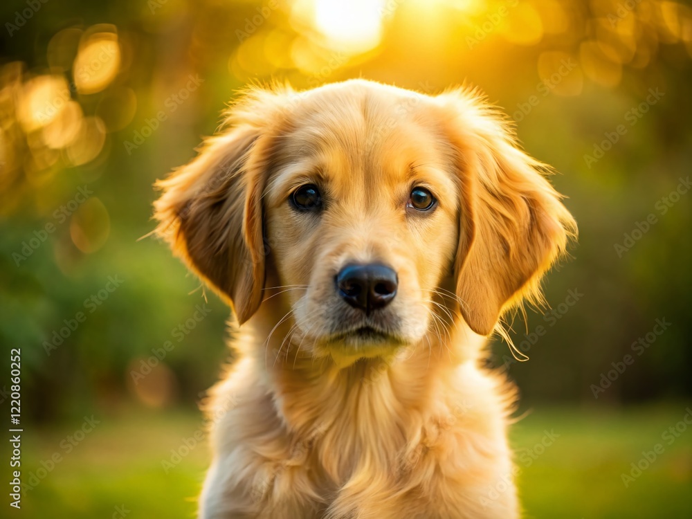 Adorable Golden Retriever Puppy Portrait, Left Side Copy Space