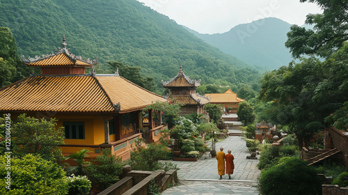 A serene temple surrounded by lush green mountains, with monks in traditional robes walking along stone paths