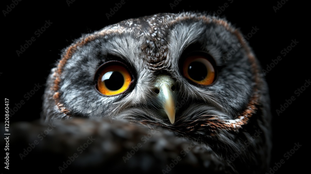 Fototapeta premium This stunning close-up of a grayscale owl captures its captivating gaze and intricate feather patterns, presenting an artistic representation of wisdom and beauty in wildlife.