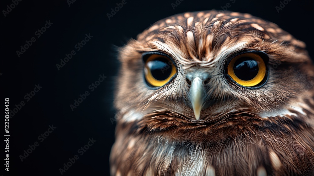 Fototapeta premium This captivating close-up portrait features a majestic owl with striking yellow eyes, emphasizing its fierce expression and intricate feather details, exuding wisdom.