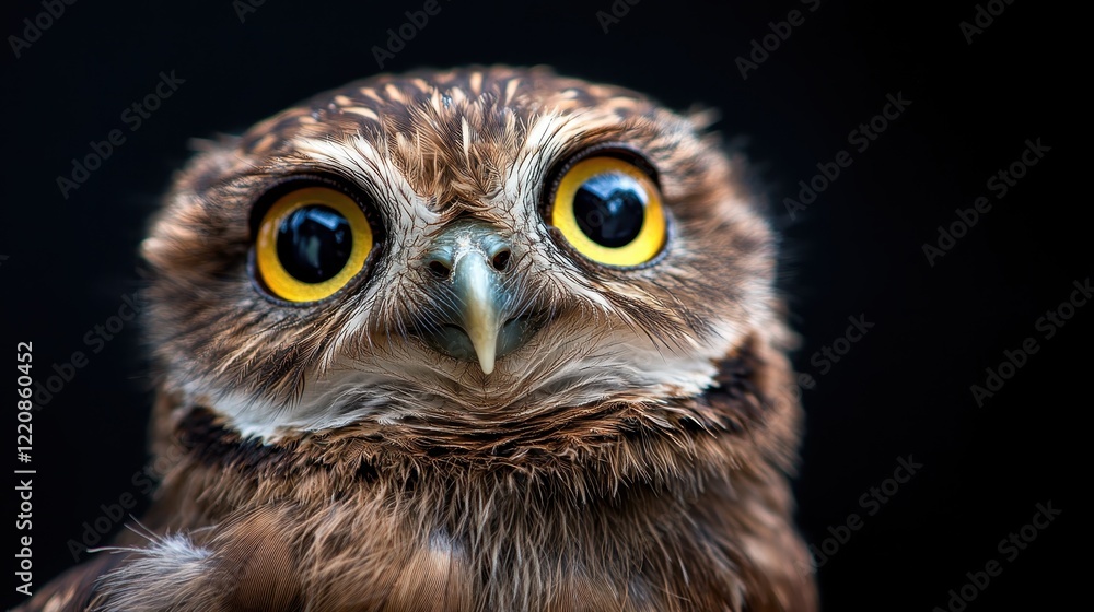 An enchanting close-up of a charming owl featuring bright yellow eyes, revealing the intricate patterns of its feathers, embodying wisdom and tranquility in nature's realm. An enchanting close-up of a charming owl featuring bright yellow eyes, revealing the intricate patterns of its feathers, embodying wisdom and tranquility in nature's realm.
