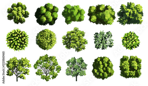 Vector set of green tree top view for outdoor plan, map, and architecture drawing, elements for garden, tropical plants, environment, botanical elements, blooming flowers in spring