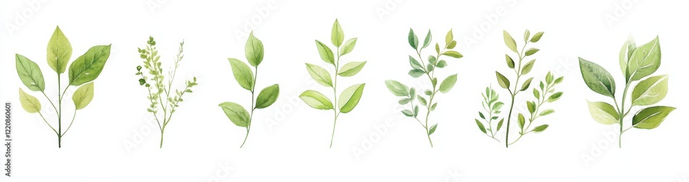 A beautiful set of vibrant green leaves placed on a white background A beautiful set of vibrant green leaves placed on a white background