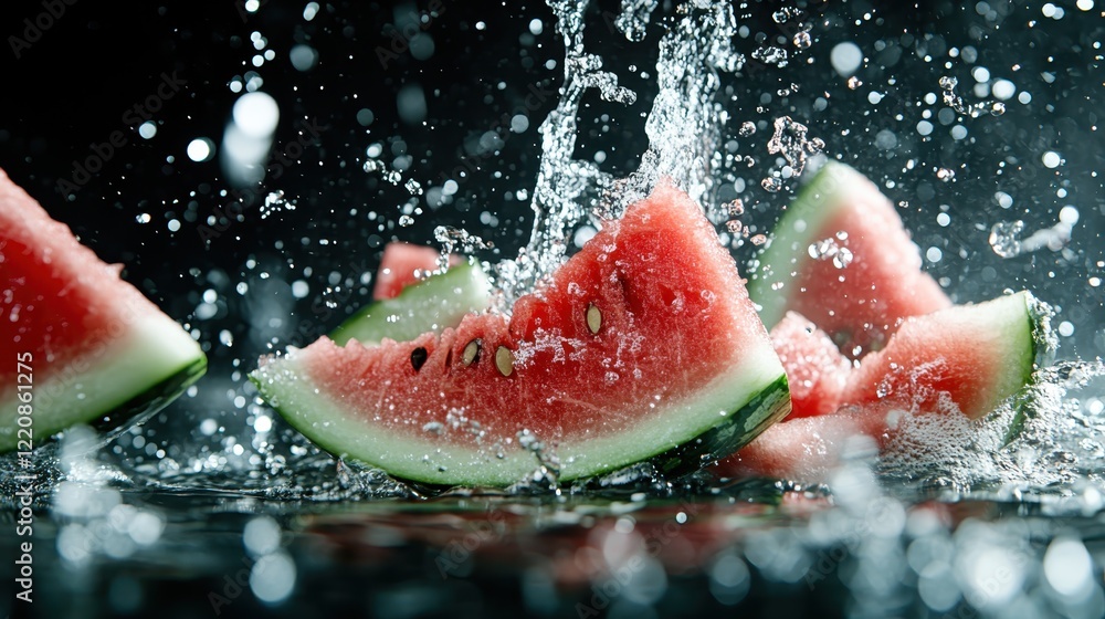 This vibrant image features chunks of watermelon splashing in water, illustrating the fruit’s freshness and liveliness while evoking feelings of summer and enjoyment. This vibrant image features chunks of watermelon splashing in water, illustrating the fruit’s freshness and liveliness while evoking feelings of summer and enjoyment.