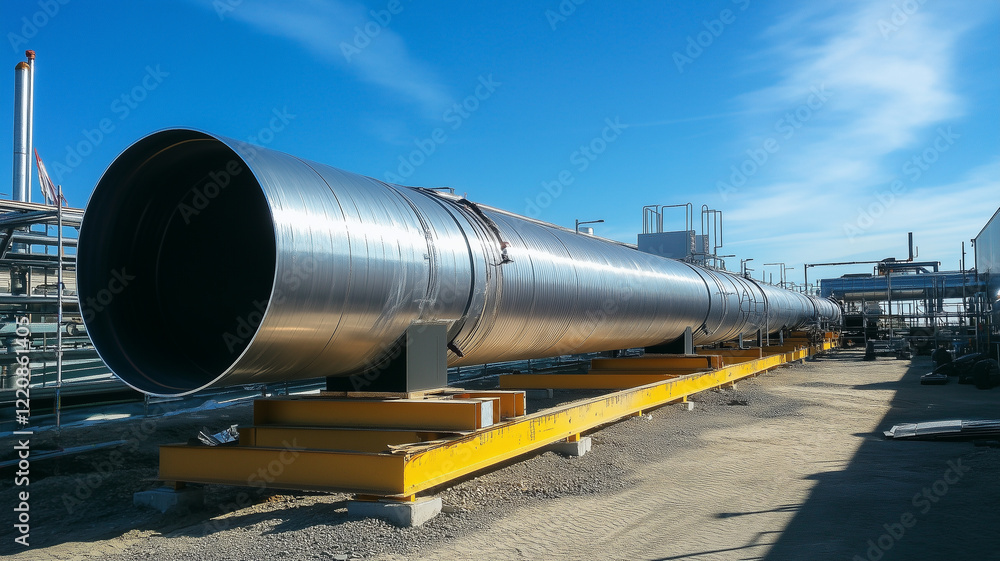 Large Industrial Metal Pipeline Under Bright Sunlight Large Industrial Metal Pipeline Under Bright Sunlight