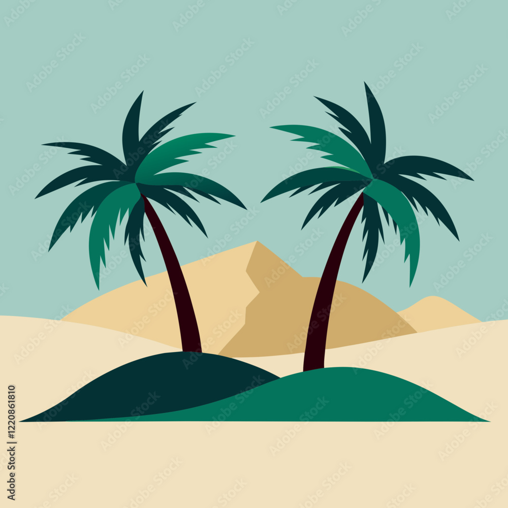 Fototapeta premium Two palm trees on either side and a hill in the middle