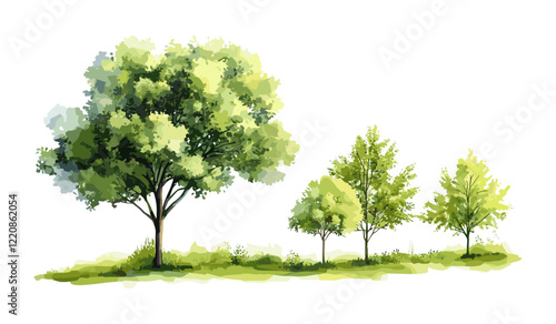 Vector watercolor green tree, side view isolated on white background, forest and landscape elements for architecture drawing, garden shrub, environment section