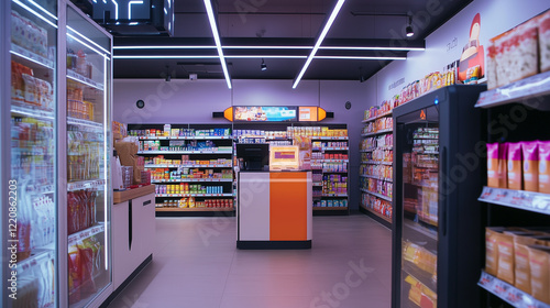 Wallpaper Mural A high-tech convenience store with automated shelves and futuristic checkout kiosks, filled with vibrant products Torontodigital.ca