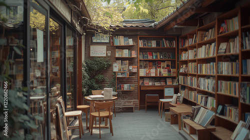 A small bookstore tucked in an alley, with cozy seating areas, wooden shelves, and books in Hangul neatly arranged