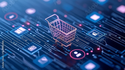 E-commerce shopping cart icon digital landscape infographic technology environment abstract viewpoint online retail concept