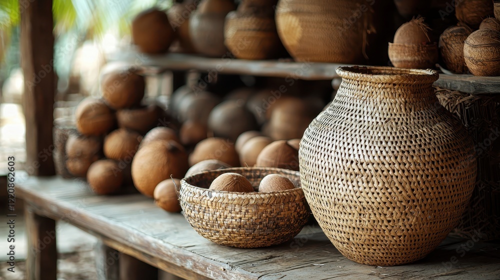 Rustic woven baskets with coconuts in a tropical setting Rustic woven baskets with coconuts in a tropical setting