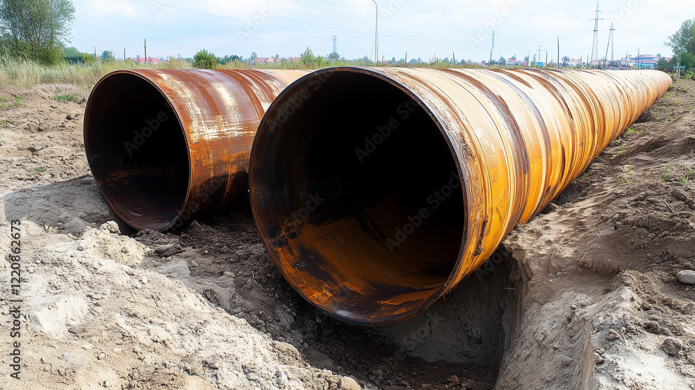 Large Rusty Metal Pipes On A Construction Site Large Rusty Metal Pipes On A Construction Site