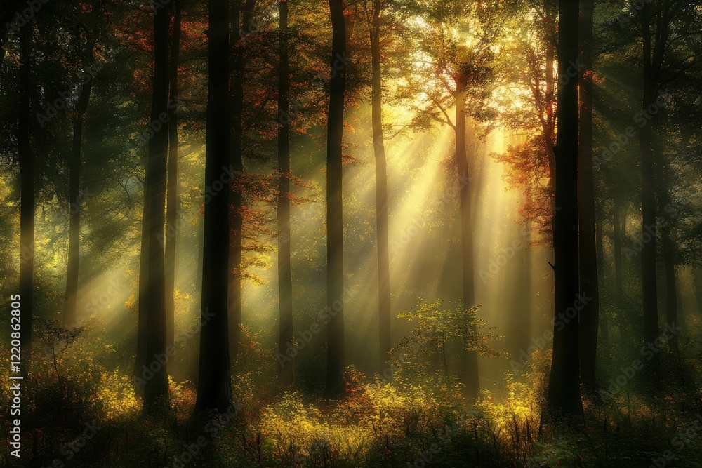 Fototapeta premium The sun shines beautifully through the trees in the surrounding forest