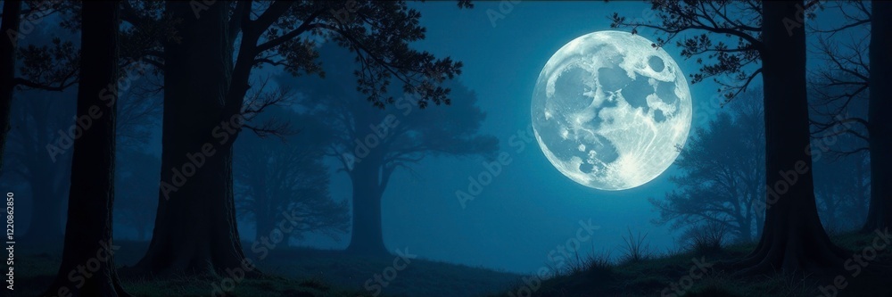 Naklejka premium Full moon casting eerie light on a dark forest scene, trees, forest, atmosphere
