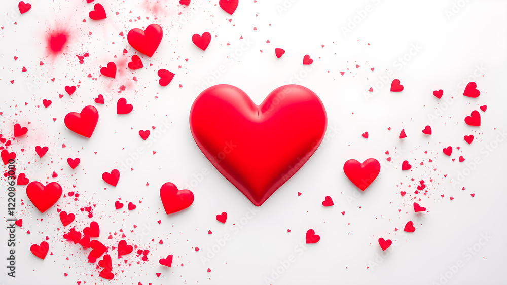 Red hearts pattern on white background with big red heart exploding with romantic red splashes. Happy Valentines day. Beautiful mini heart style. 3D rendering. Love romance anniversary February design Red hearts pattern on white background with big red heart exploding with romantic red splashes. Happy Valentines day. Beautiful mini heart style. 3D rendering. Love romance anniversary February design