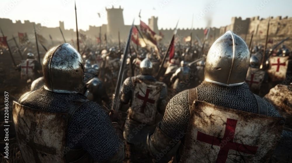 A powerful display of Crusader knights ready for battle, showcasing their armor adorned with crosses and their determination in a historic conflict. A powerful display of Crusader knights ready for battle, showcasing their armor adorned with crosses and their determination in a historic conflict.