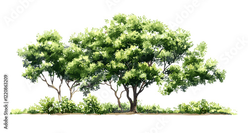 Vector illustration of a green tree or forest in watercolor style, isolated on white background, for landscape and architecture drawing, garden design elements, environmental shrub section.