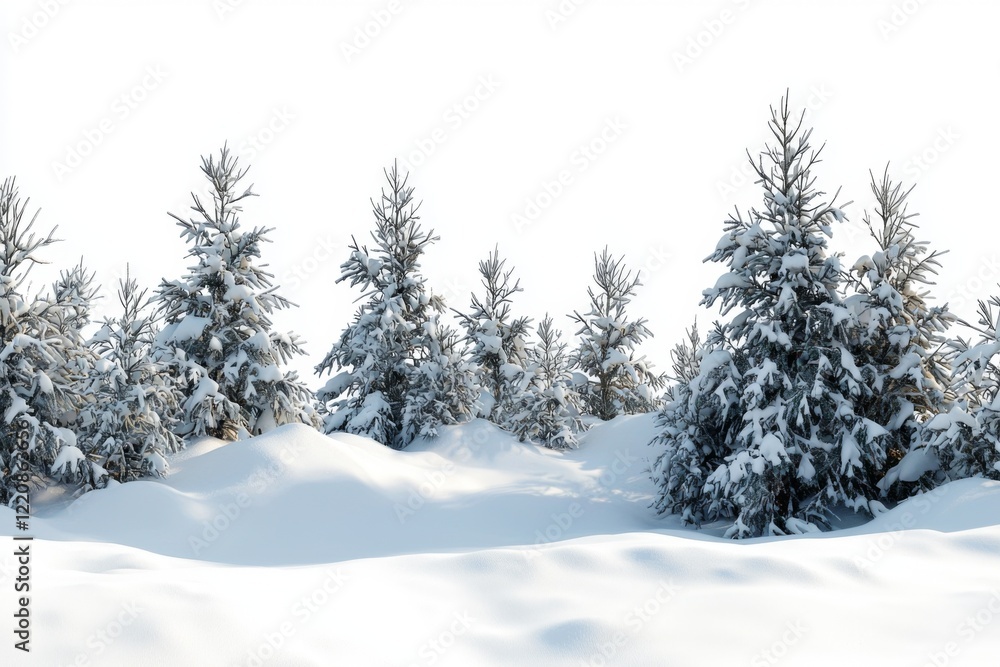 Obraz premium Snow-Covered Pine Trees Against a Bright White Winter Background in a Serene Natural Setting