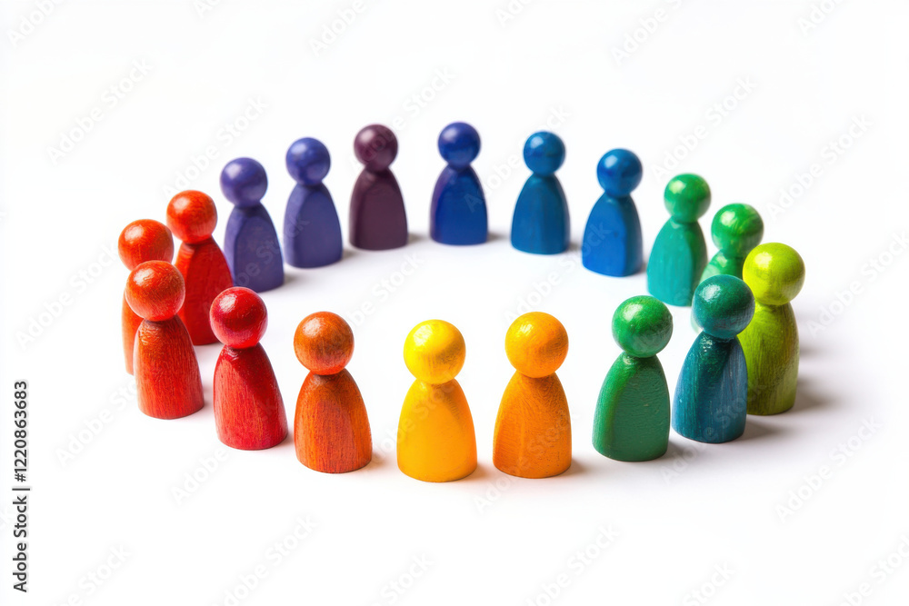 Colorful wooden figures arranged in circle, symbolizing community and connection Colorful wooden figures arranged in circle, symbolizing community and connection