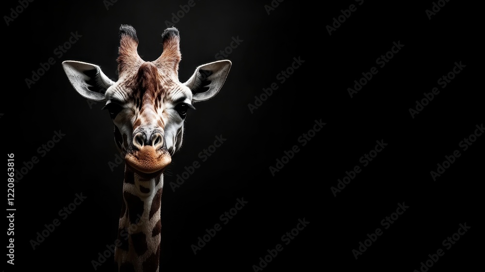 Naklejka premium A captivating image of a giraffe staring directly at the viewer, showcasing its intricate facial patterns and a mesmerizing gaze against a dark background.