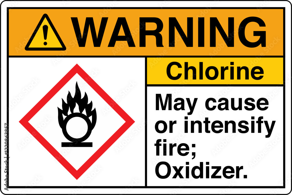 ANSI Z535 GHS Chemicals Label Warning Chlorine May Cause or Intensify Fire Oxidizer Horizontal White ANSI Z535 GHS Chemicals Label Warning Chlorine May Cause or Intensify Fire Oxidizer Horizontal White