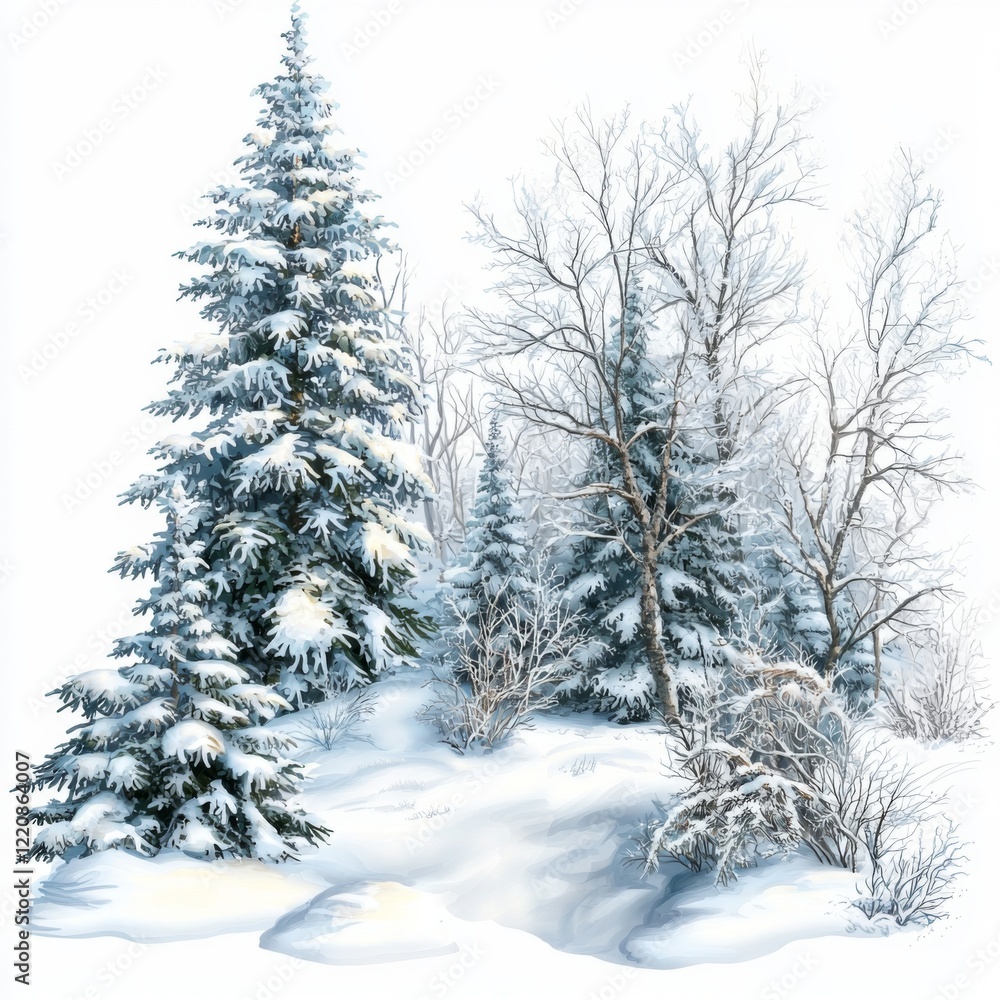 Fototapeta premium Snowy Winter Scene with Frosted Pines and Bare Trees in a Tranquil Landscape