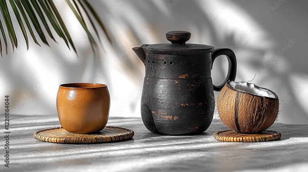 Fototapeta premium Rustic tea set with coconut and palm shadows in sunlit minimalist setting