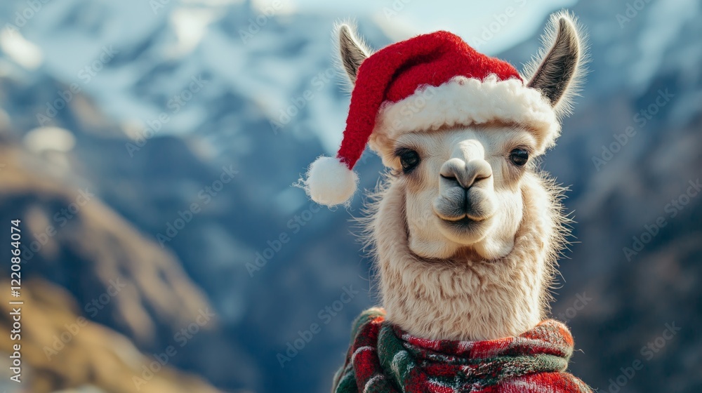 A festive llama in a Christmas hat with a scarf in a mountain backdrop A festive llama in a Christmas hat with a scarf in a mountain backdrop