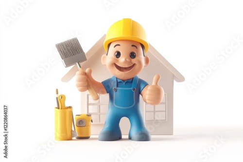 Smiling worker giving thumbs up with brush, a paint can, and house model. Possible use construction photo