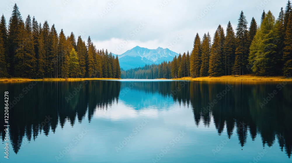 Fototapeta premium Lush forest landscape with serene lake and majestic mountains in view