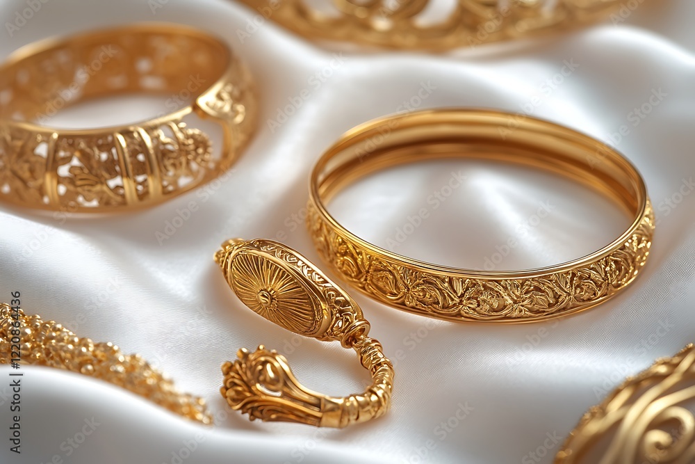 A collection of golden bracelets with an antique gold finish and a ring with an old-world charm on a white satin cloth. A collection of golden bracelets with an antique gold finish and a ring with an old-world charm on a white satin cloth.