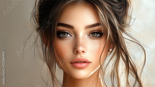 A realistic digital painting of a young woman with long brown hair and green eyes. photo