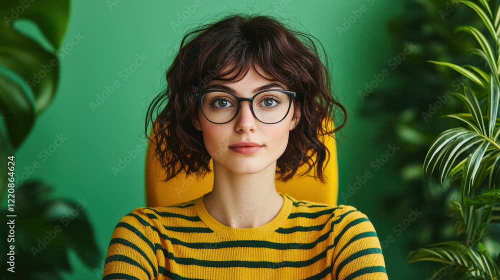 Professional woman with glasses in green office setting, focused and confident Professional woman with glasses in green office setting, focused and confident