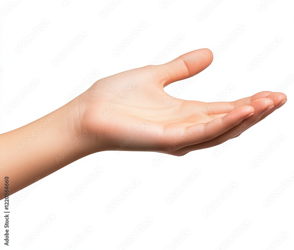 A womans hand reaches out towards something on a white background A womans hand reaches out towards something on a white background