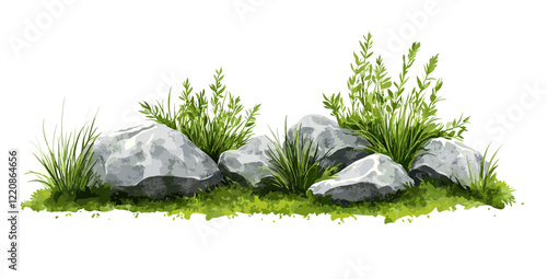 Vector illustration of grass with rock in watercolor style for landscape and architecture drawing, elements for garden and environment, botanical painting for section, meadows, moss