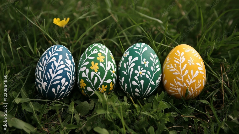 Four hand-painted Easter eggs in vibrant spring colors rest on a bed of lush green grass, celebrating the holiday season.