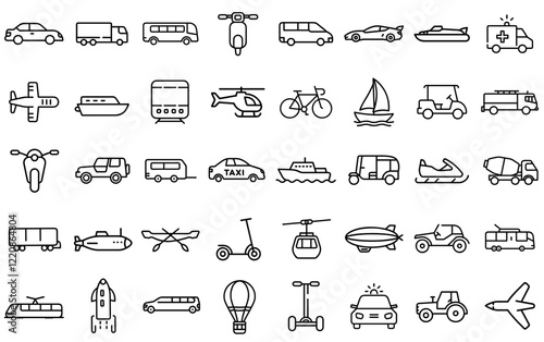 Set of various transport icons on a transparent background