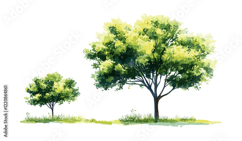 Tree side view watercolor vector, isolated on white background for landscape and architecture drawing, elements for environment and garden, botanical painting section, artistic design