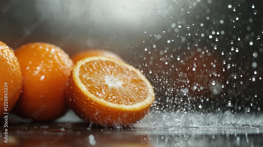 Freshly sliced vibrant oranges with droplets of water splashing around, creating a refreshing and lively atmosphere ideal for food and beverage marketing. Freshly sliced vibrant oranges with droplets of water splashing around, creating a refreshing and lively atmosphere ideal for food and beverage marketing.