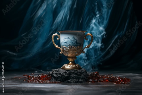 Golden trophy featuring ornate handles and a porcelain cup with a landscape rests on a dark rock, surrounded by spilled red liquid and swirling blue smoke photo