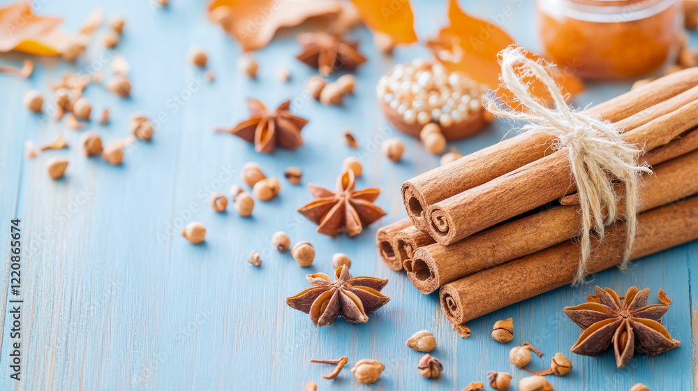 Autumn Spices: Cinnamon Sticks, Star Anise, and Coriander on Blue Wood Autumn Spices: Cinnamon Sticks, Star Anise, and Coriander on Blue Wood