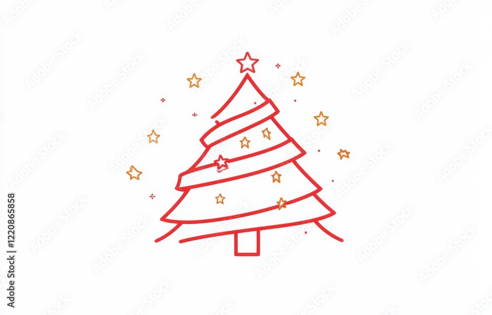 A line drawing of a beautifully decorated Christmas tree with a star A line drawing of a beautifully decorated Christmas tree with a star