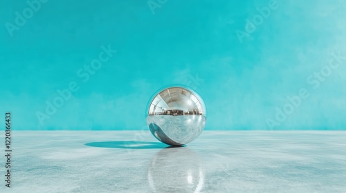 A shiny sphere rests on a smooth surface with a minimalist backdrop, drawing the viewer's eye to its flawless reflection and simple yet striking design. photo