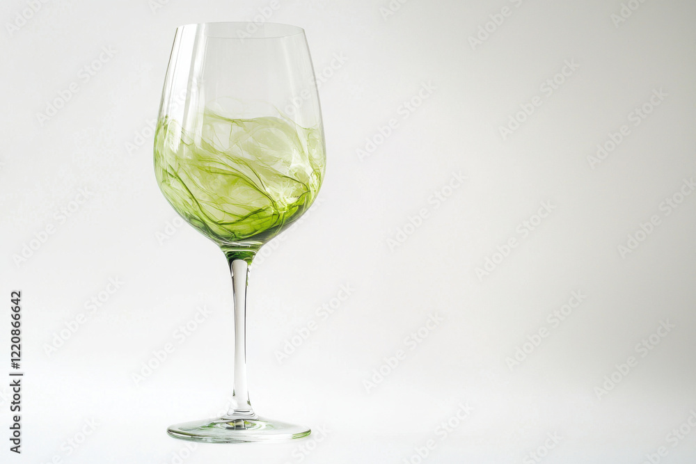 Stylish wine glass with green swirl design on light background Stylish wine glass with green swirl design on light background