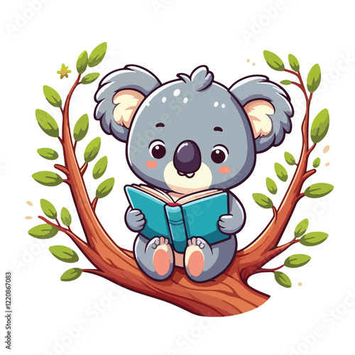 Cute Koala Reading Book On Branch Tree Cartoon Vector Icon Illustration