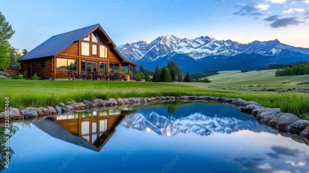 Serene Mountain Lodge with Reflection in Calm Water at Dusk Serene Mountain Lodge with Reflection in Calm Water at Dusk