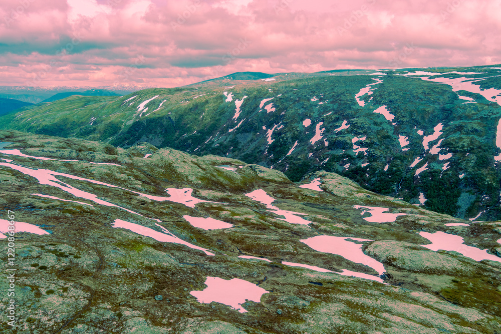 Drone view of mountain landscape near Aurlandsfjord. View from high mountain road Bjorgavegen. Aurlandsvegen, Aurland, Norway